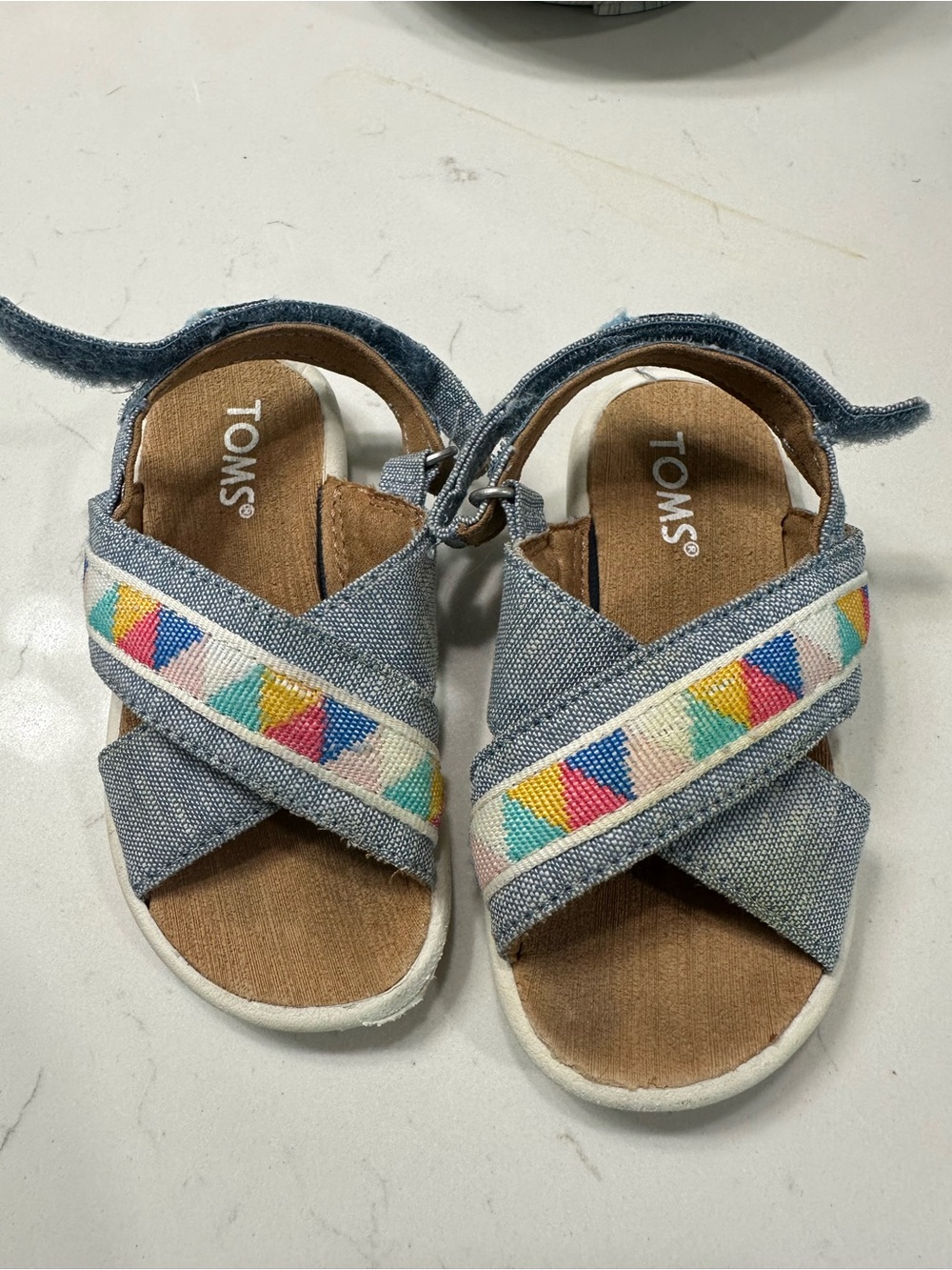 TOMS Kids Blue Denim Sandals with Rainbow Geometric Trim